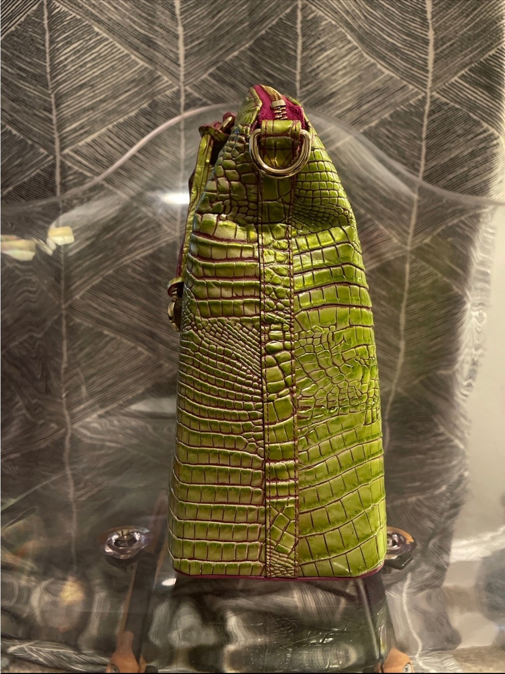 Brahmin Pink & Green Croc-Embossed Dome Satchel with Removable Strap - Picture 3 of 7